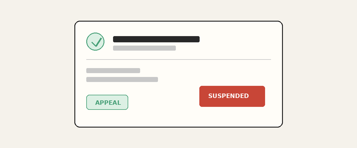 Ilustrasi Google Business Profile yang disuspend dengan tombol Appeal